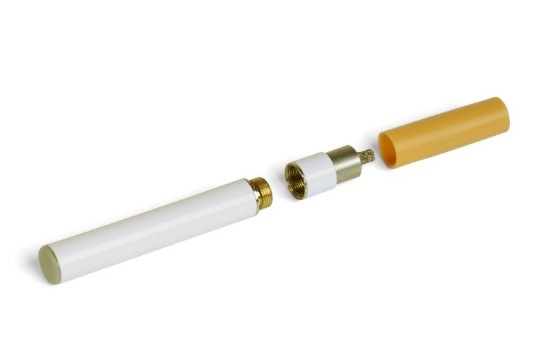 An E-cigarette broken down to its mechanical parts.